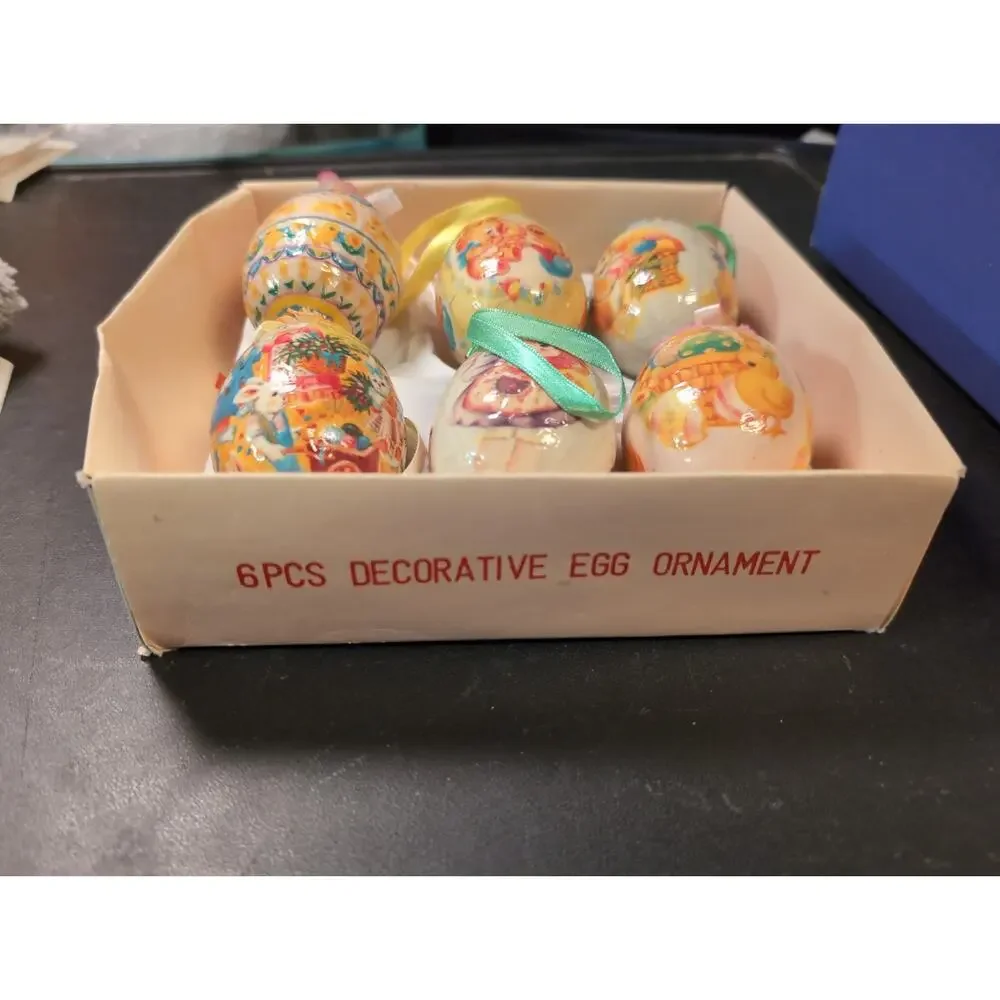6 Vintage Easter Egg Paper Mache Decoupage Ornaments Bunny Chick Kitschy 3”